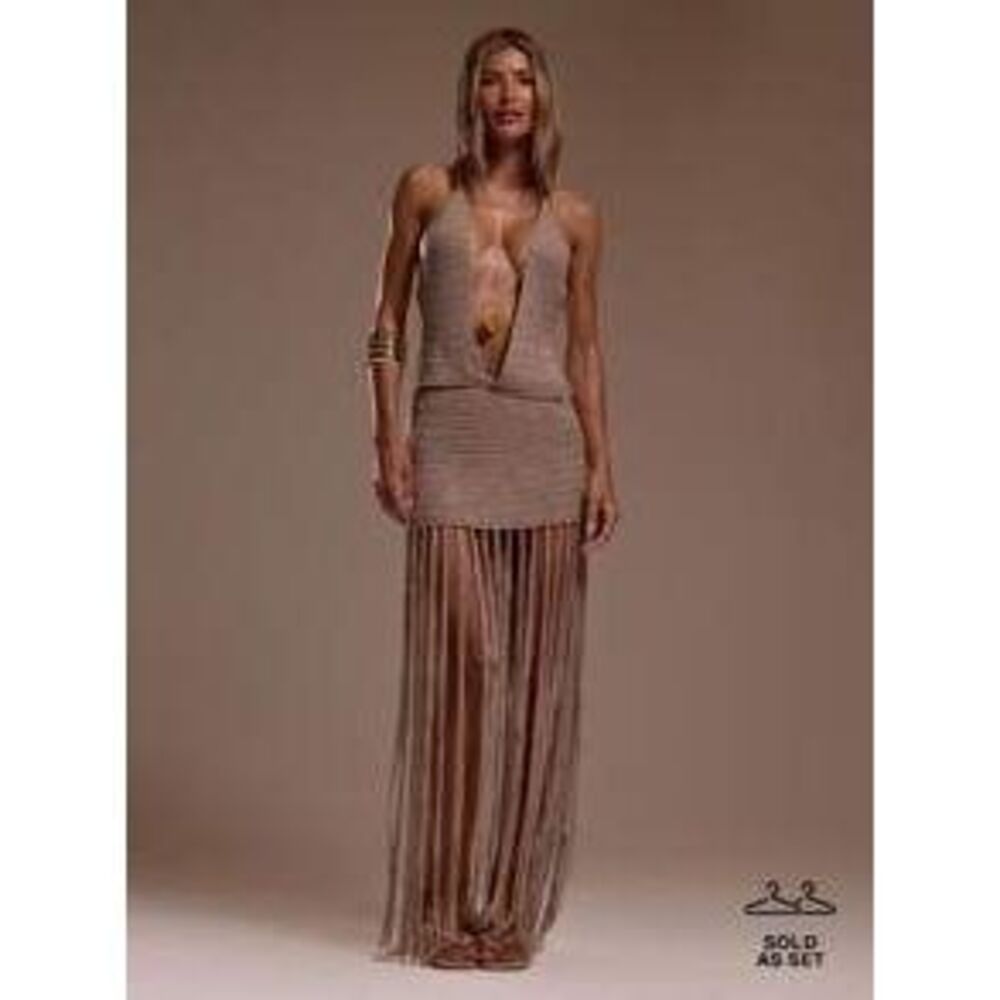 MUSERA Halter-Neck Shell Chain Crochet Tie Top Crochet Fringe Trim Skirt 2 piece